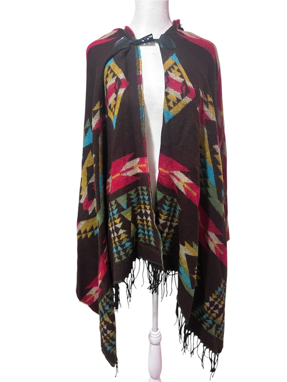 Boho Aztec Hooded Blanket Poncho Cape One Size Fringe Southwestern Wrap